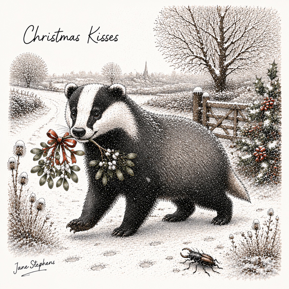 Badger carrying mistletoe through snow