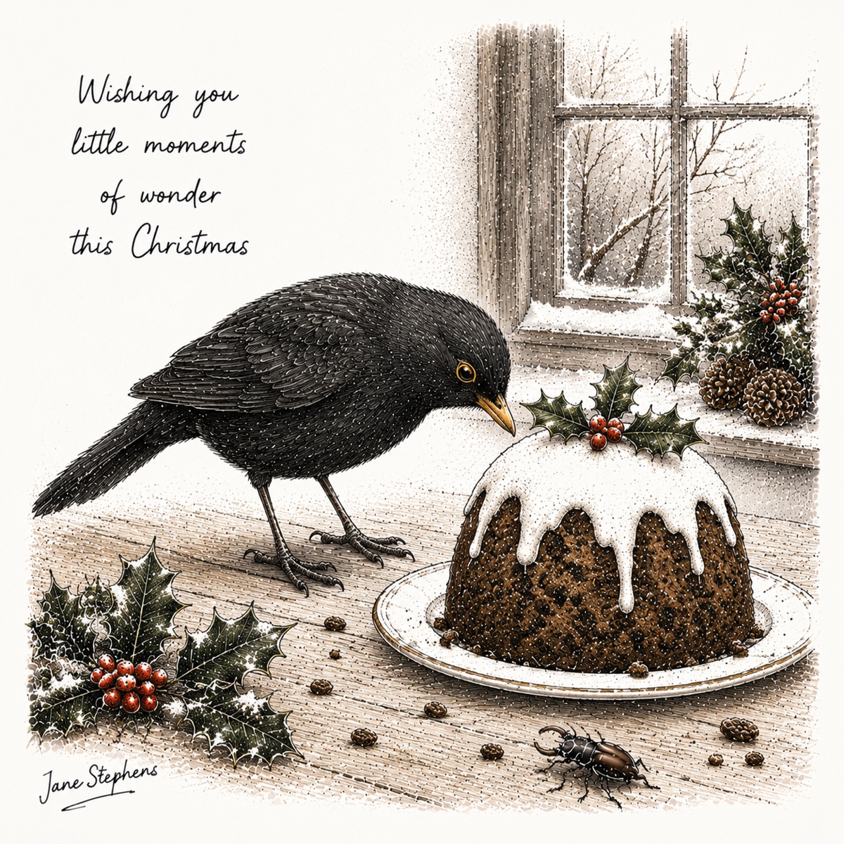Blackbird inspecting a Christmas pudding