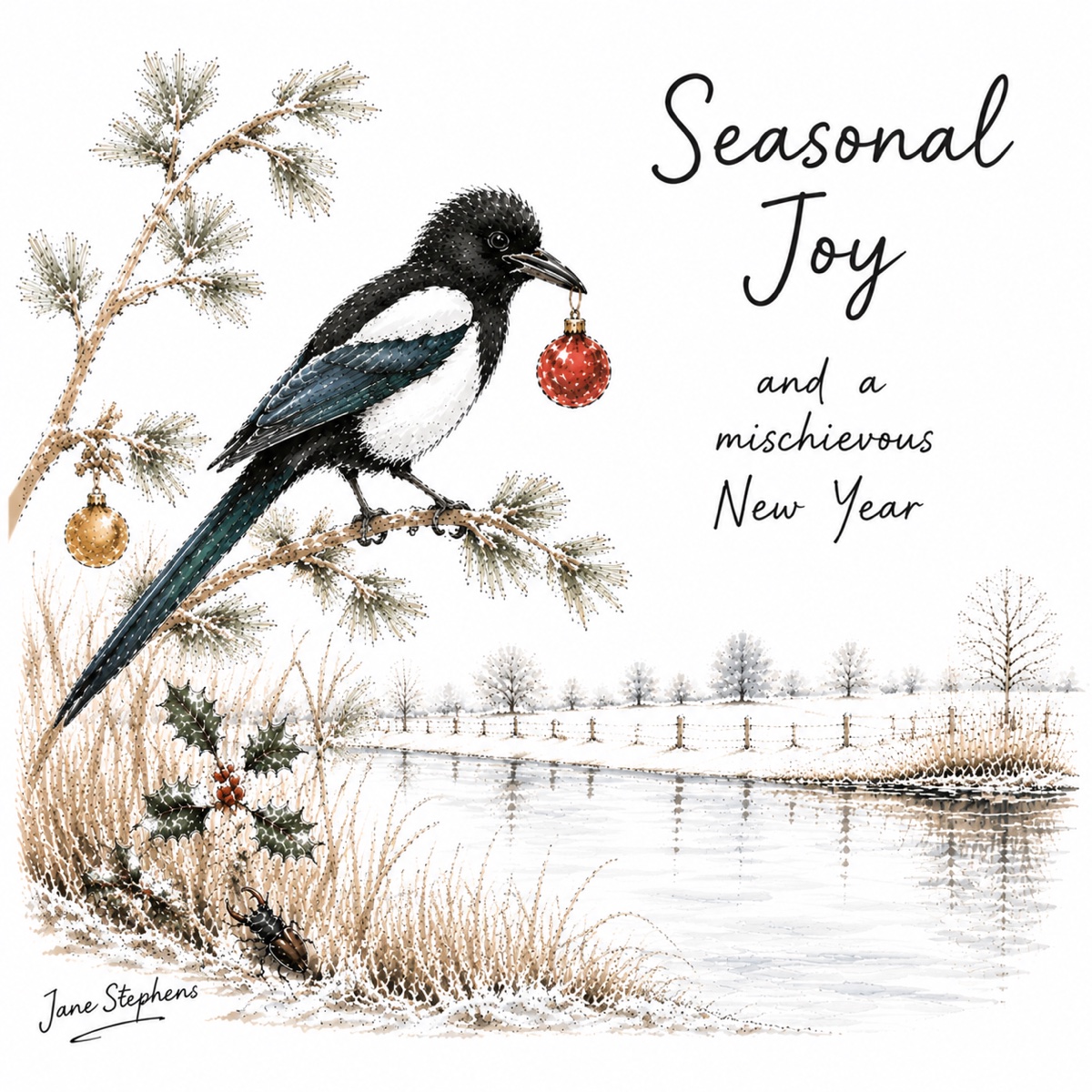 Magpie holding a red bauble