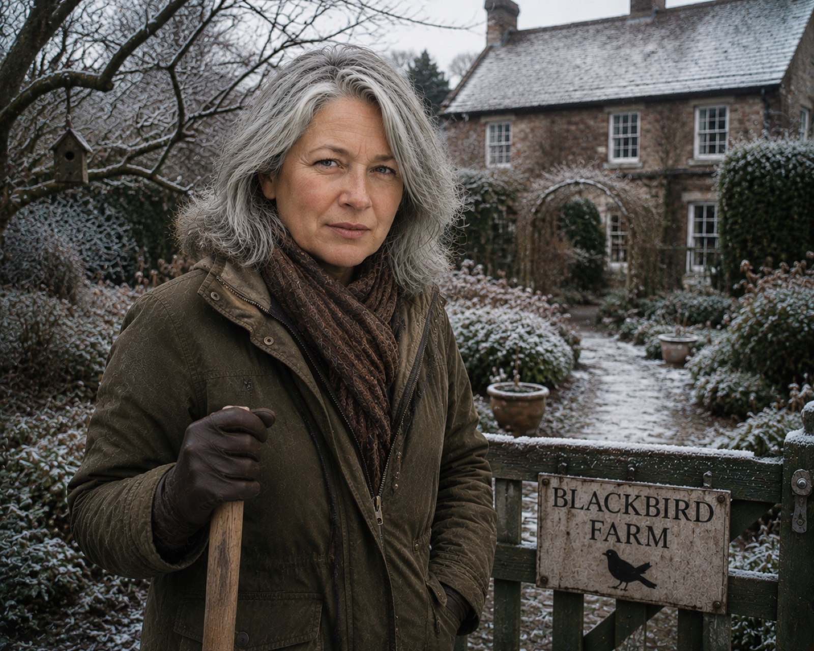 Jane Stephens outside Blackbird Farm in winter
