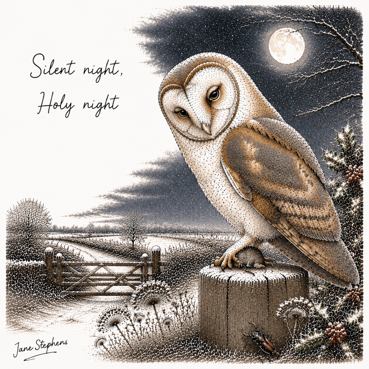 Jane Stephens Christmas card illustration of a barn owl by moonlight