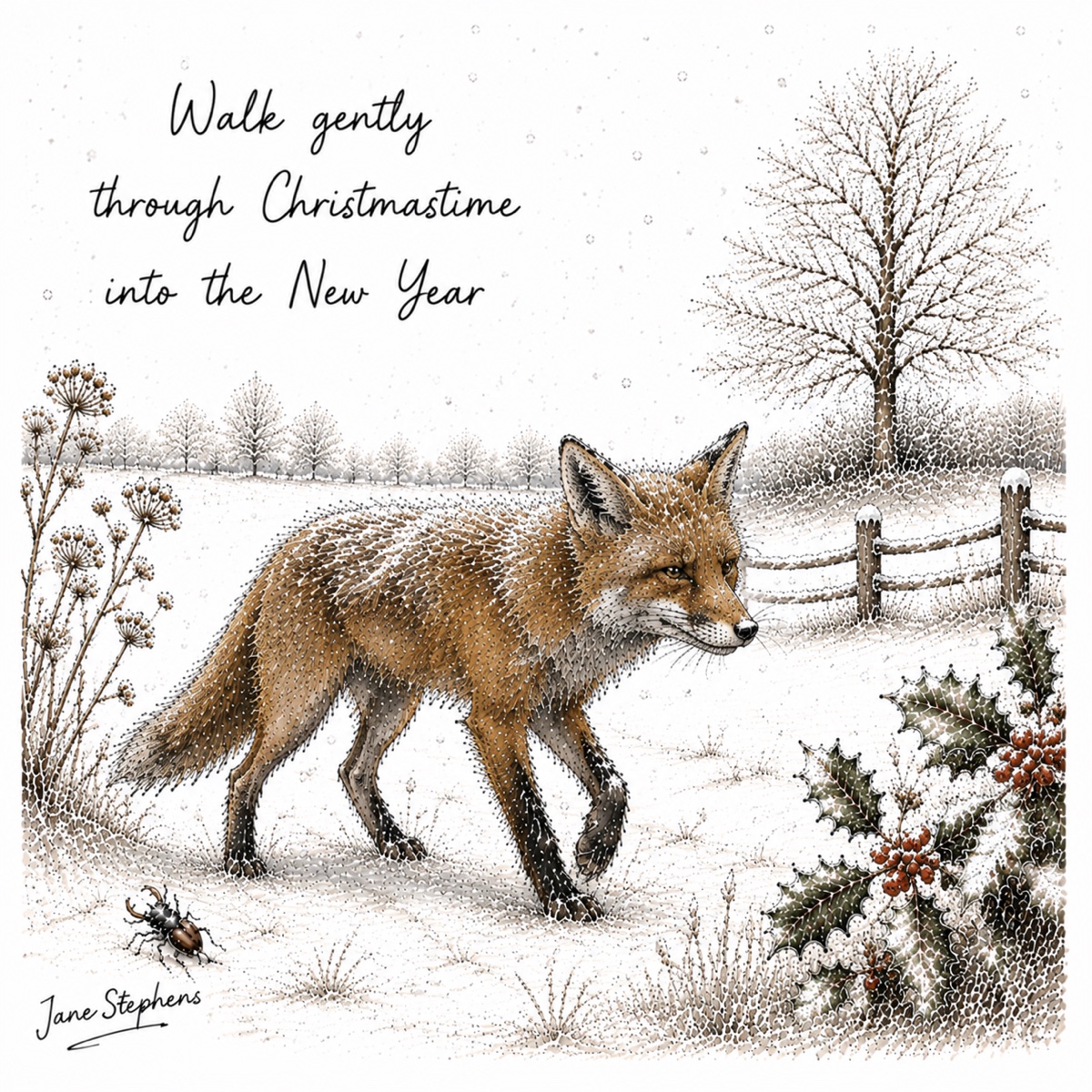 Jane Stephens Christmas card illustration of a fox in snow
