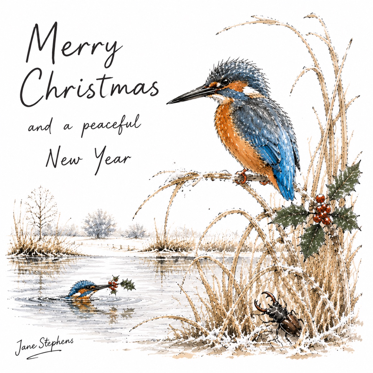 Jane Stephens Christmas card illustration of a kingfisher by river