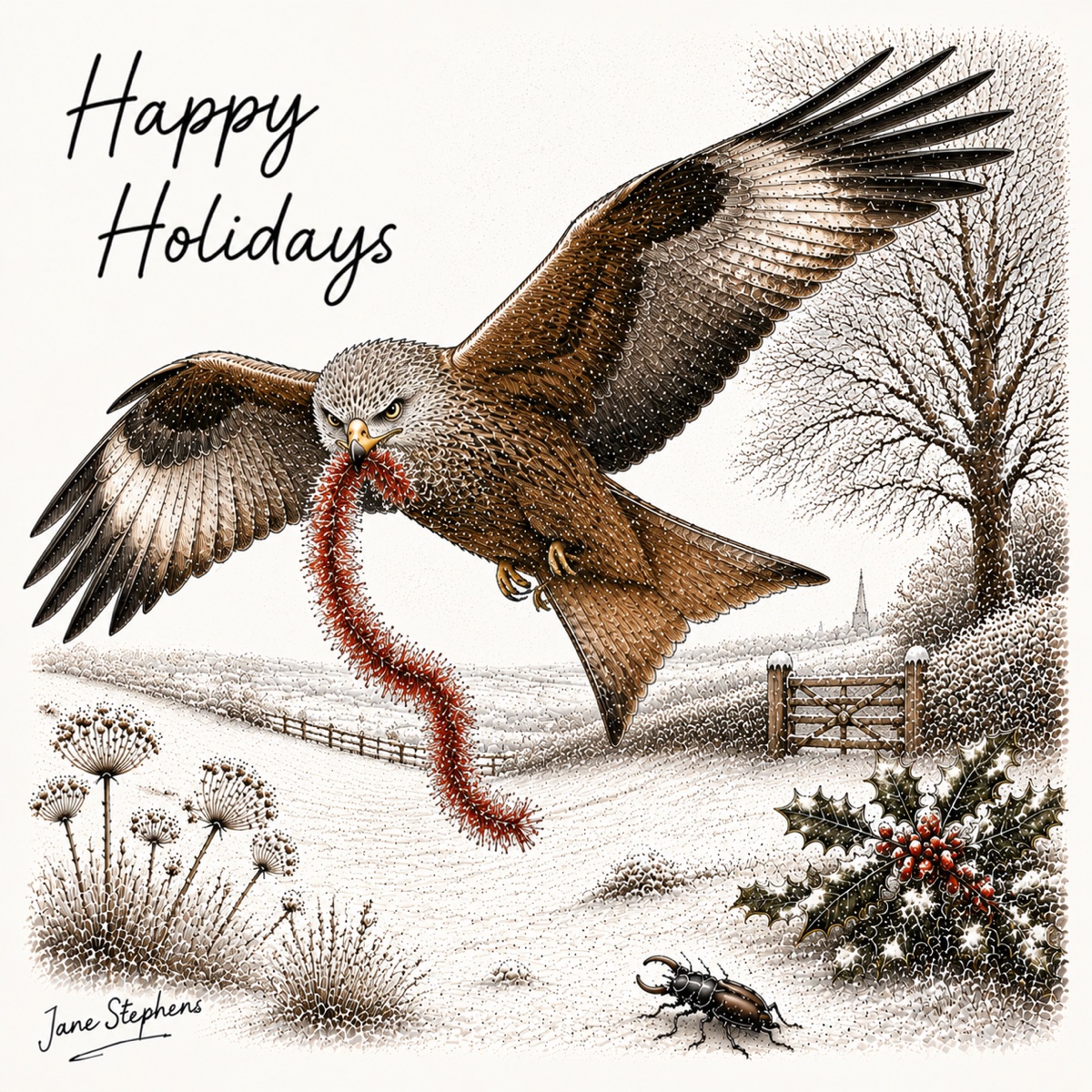 Jane Stephens Christmas card illustration of a red kite with worm