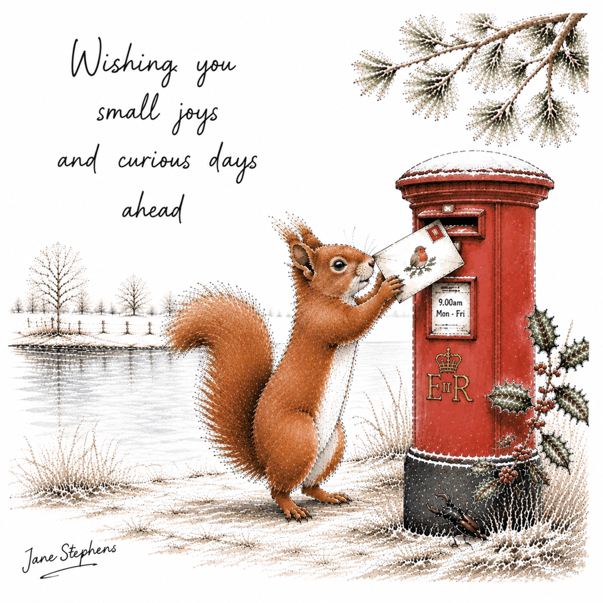 Jane Stephens Christmas card illustration of a squirrel at postbox