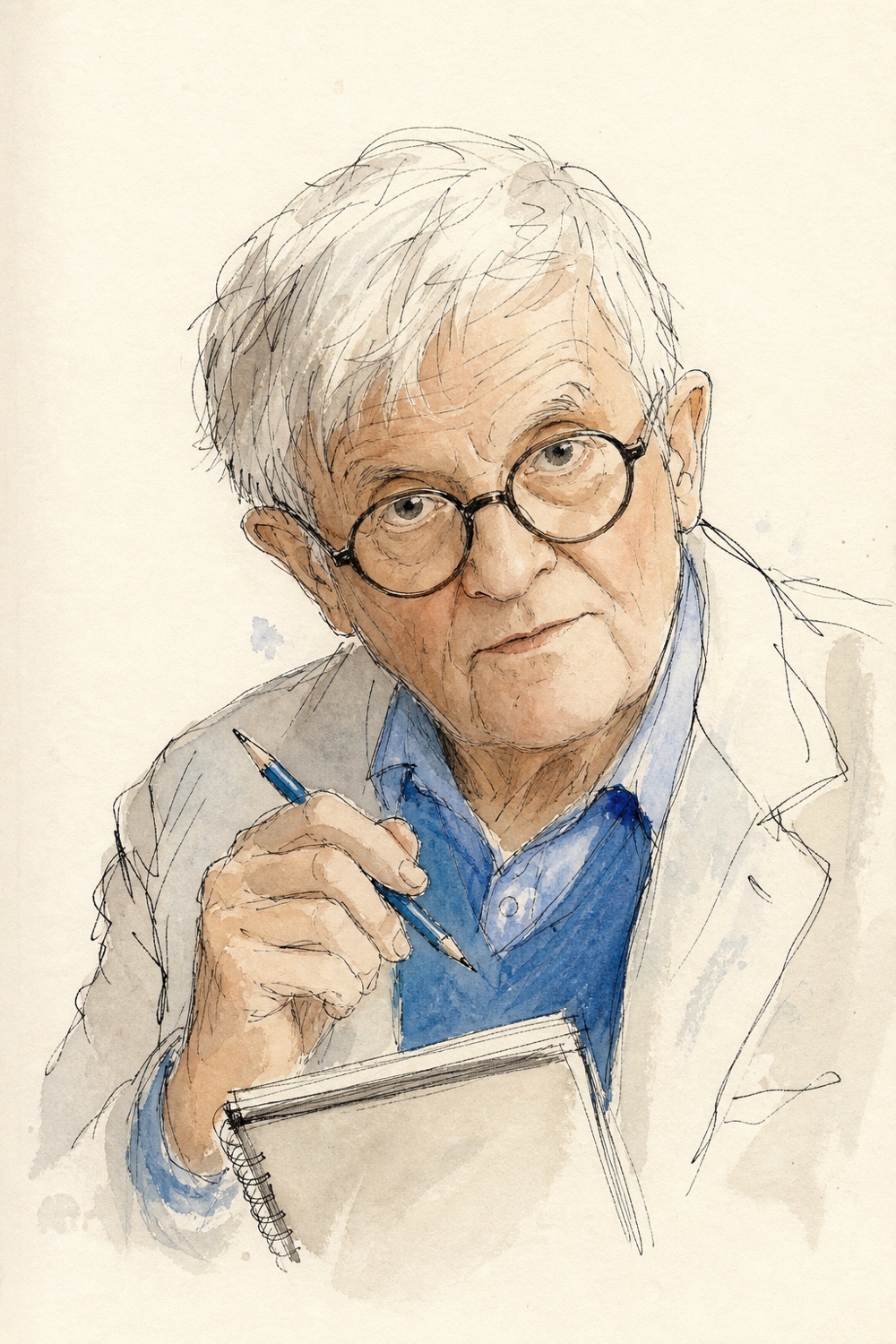 Jane Stephens’ loose ink-and-watercolour portrait study of David Hockney