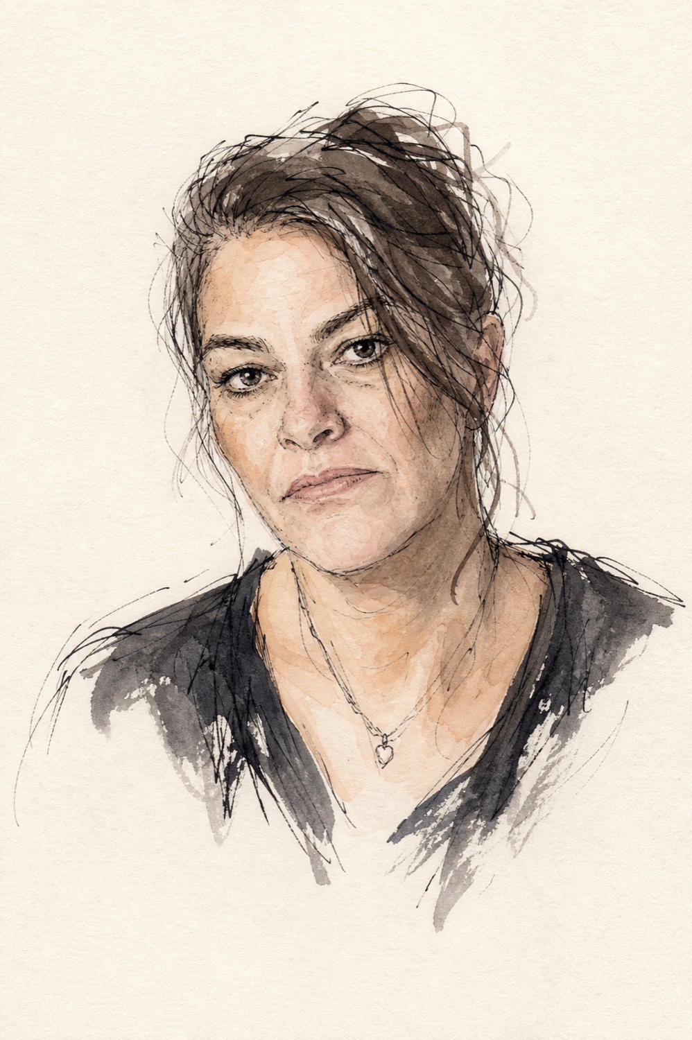 Jane Stephens’ loose ink-and-watercolour portrait study of Tracey Emin