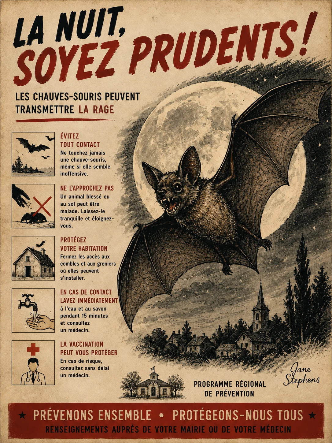 Jane Stephens rabies-awareness poster featuring a bat