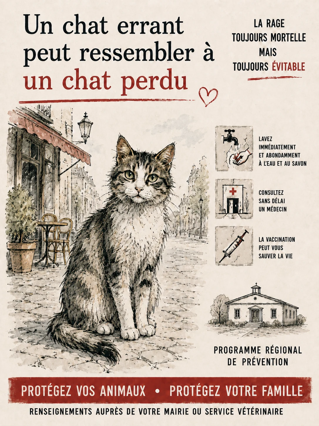 Jane Stephens rabies-awareness poster featuring a stray cat