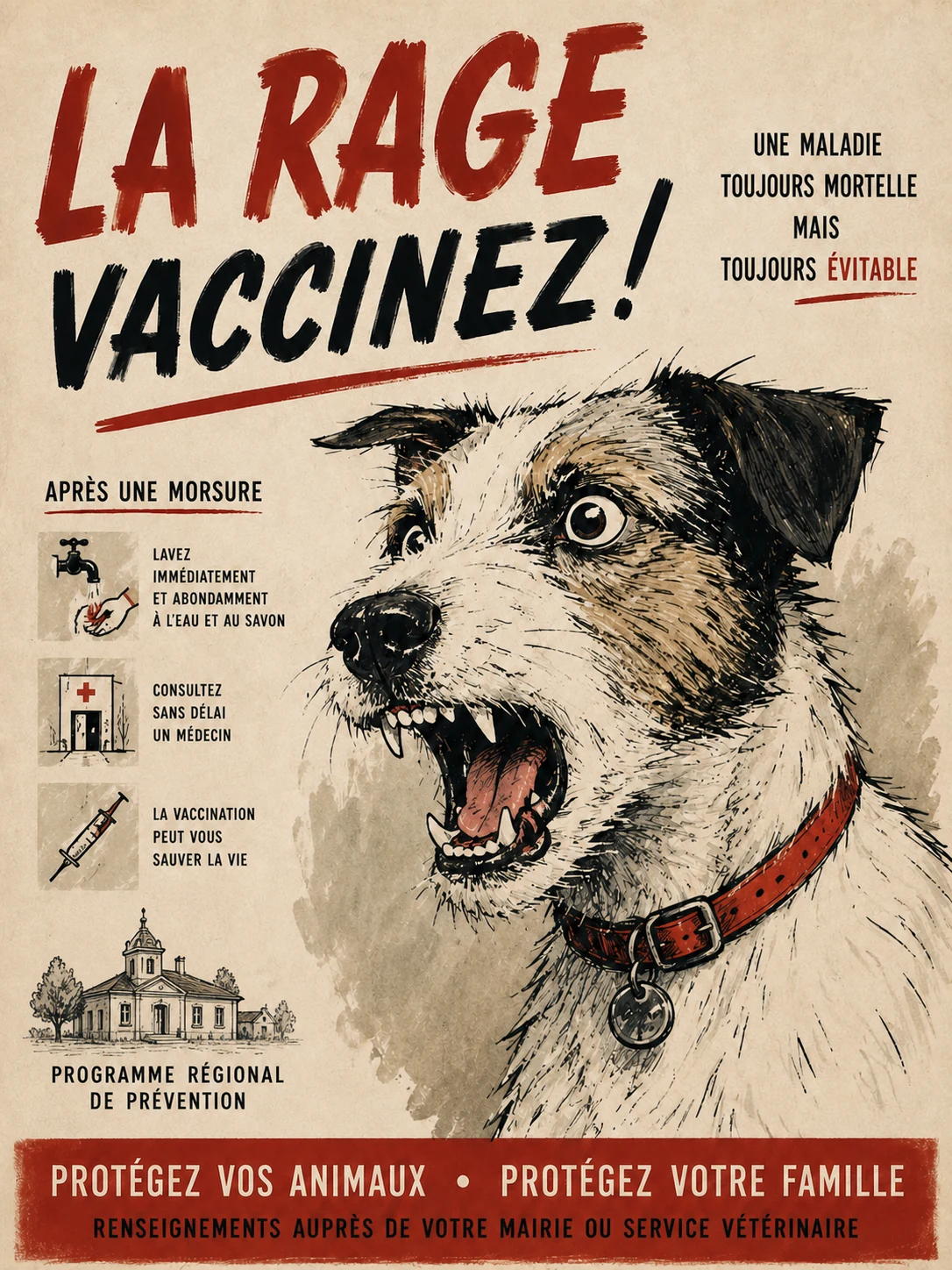 Jane Stephens rabies-awareness poster featuring a dog