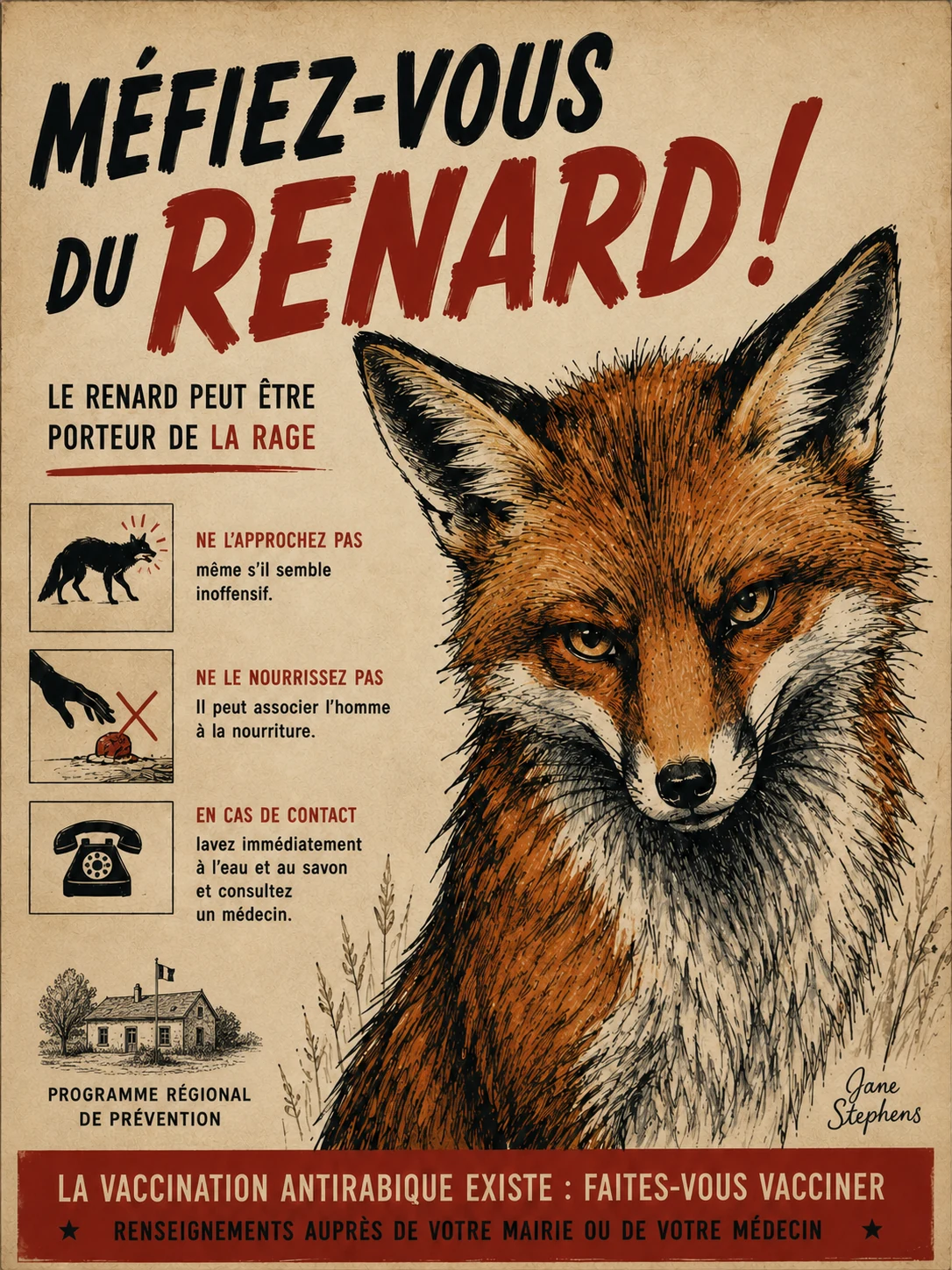 Jane Stephens rabies-awareness poster featuring a fox