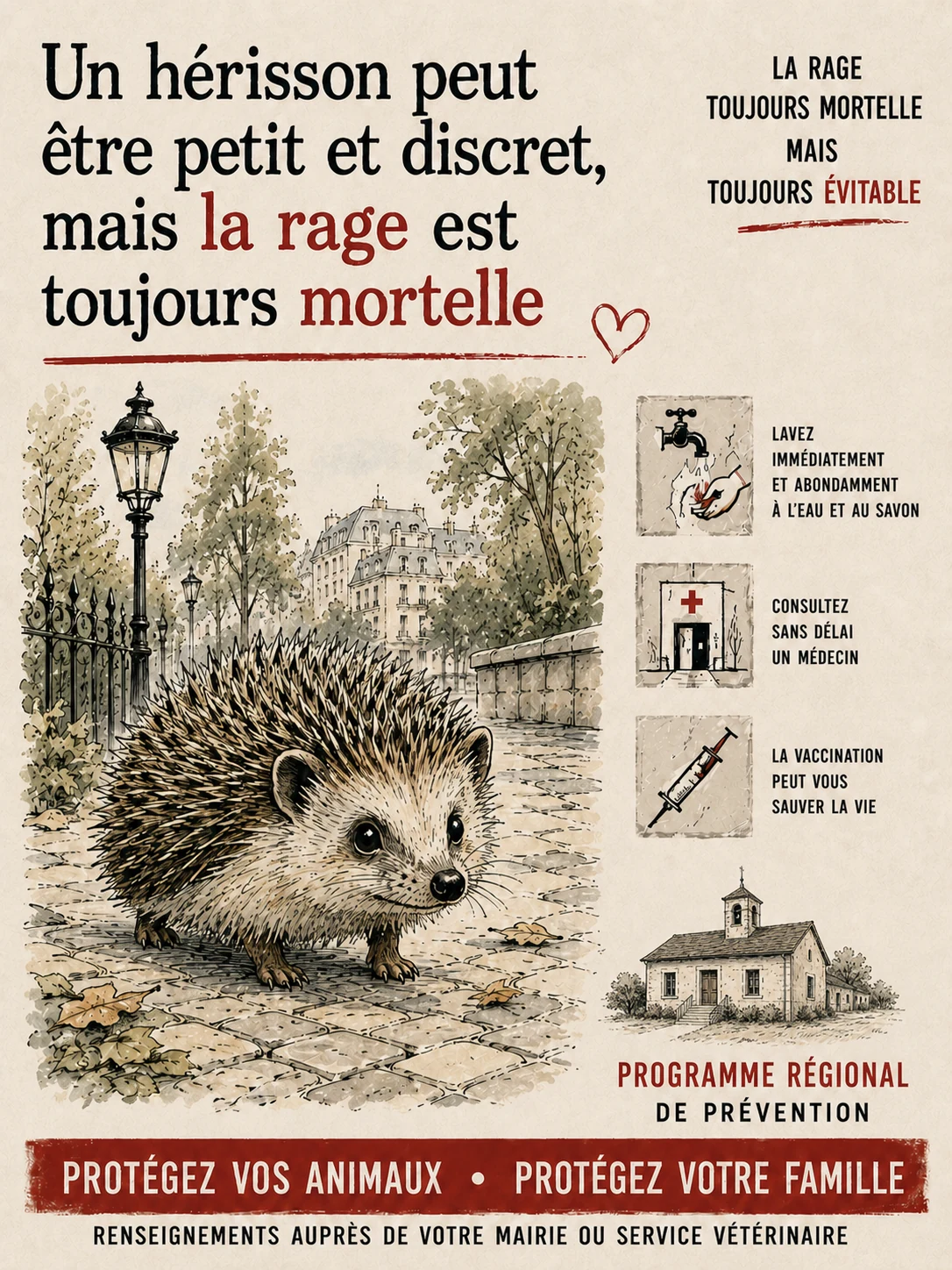 Jane Stephens rabies-awareness poster featuring a hedgehog