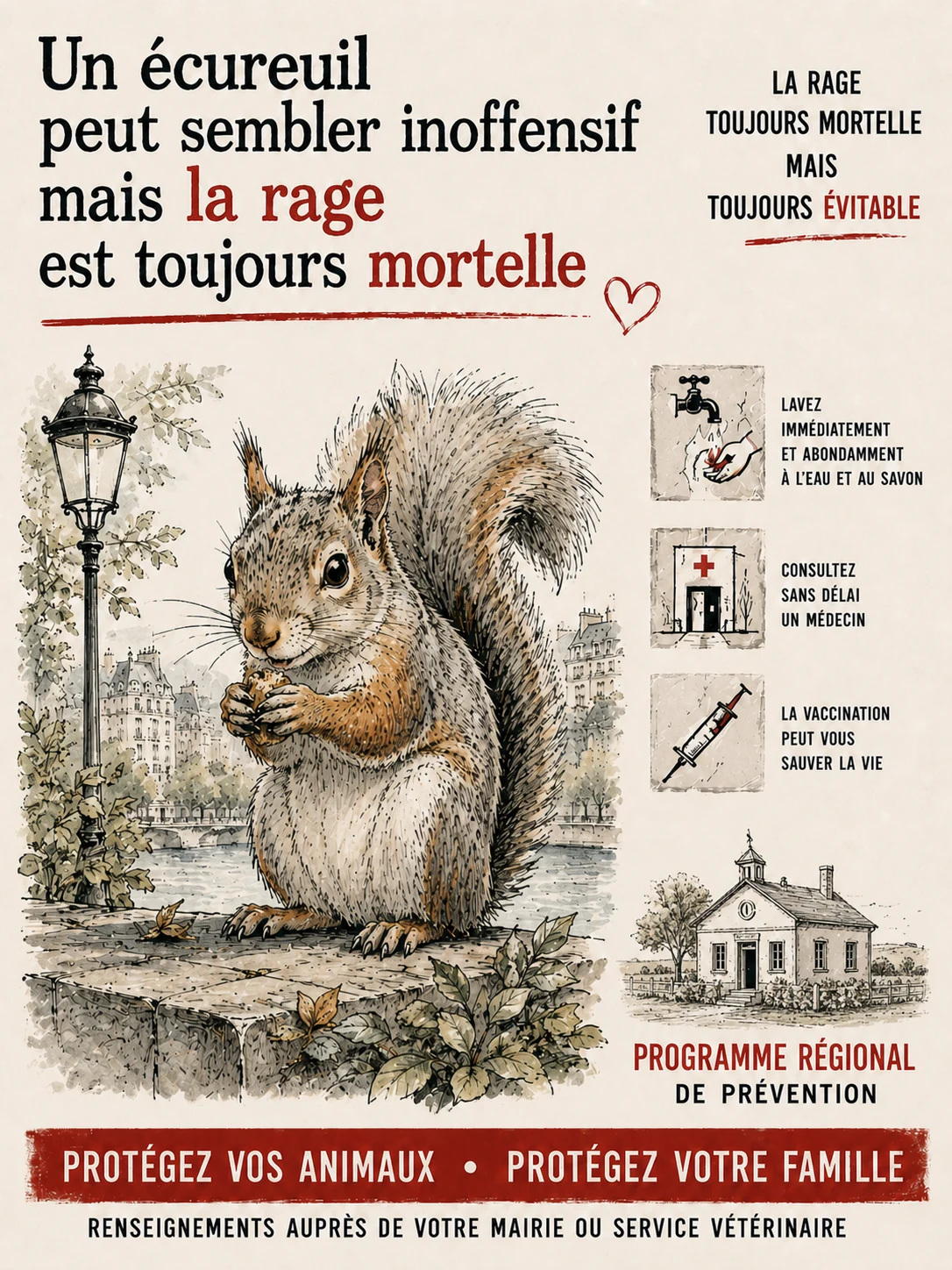 Jane Stephens rabies-awareness poster featuring a red squirrel