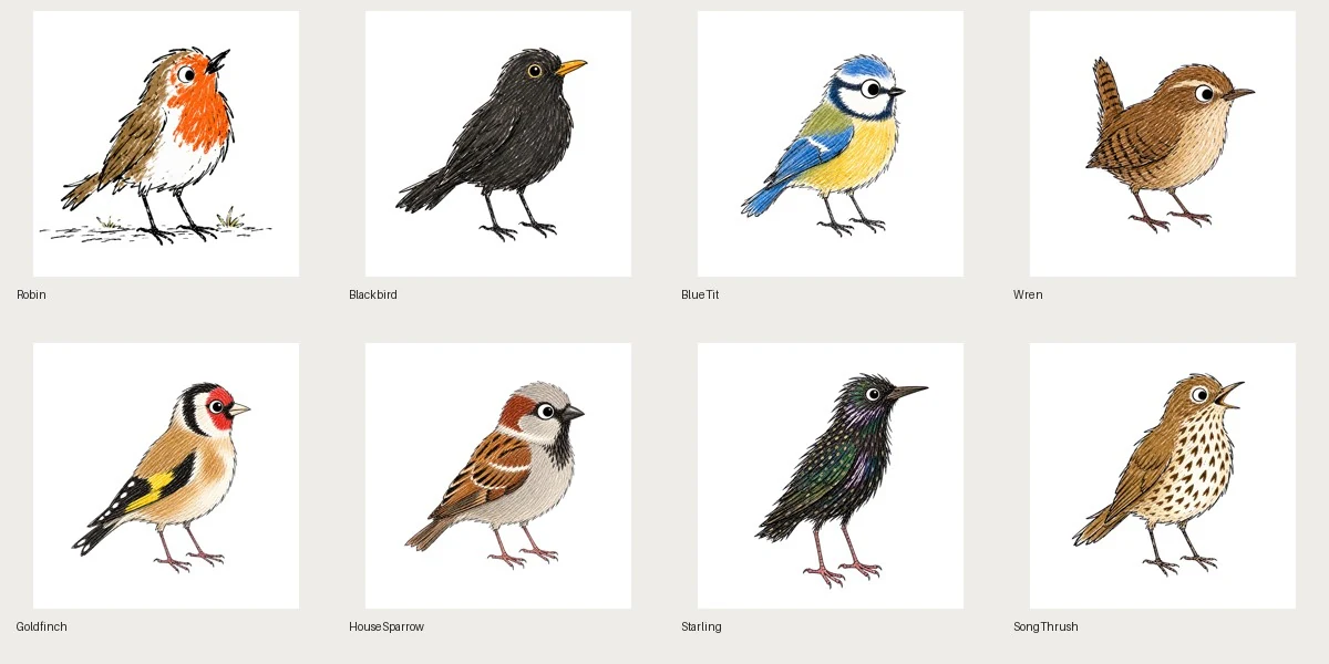 Eight illustrated British garden birds