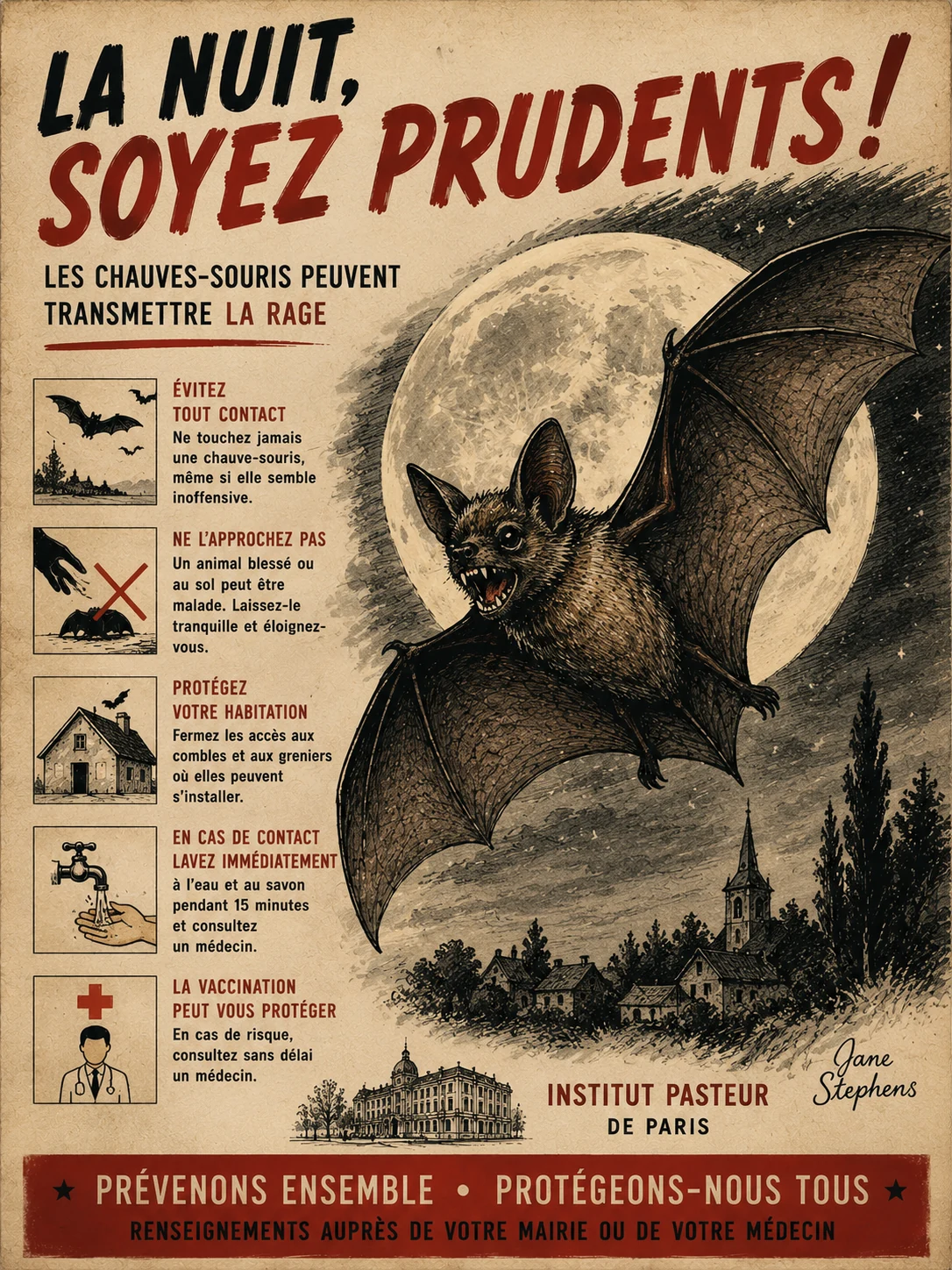 French rabies-awareness poster featuring a bat