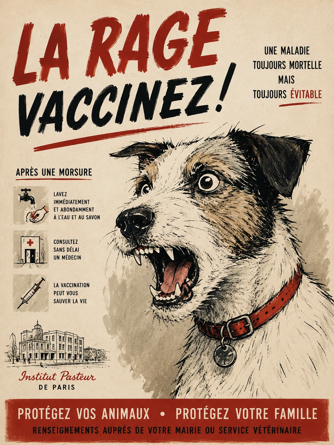 French rabies-awareness poster featuring a dog