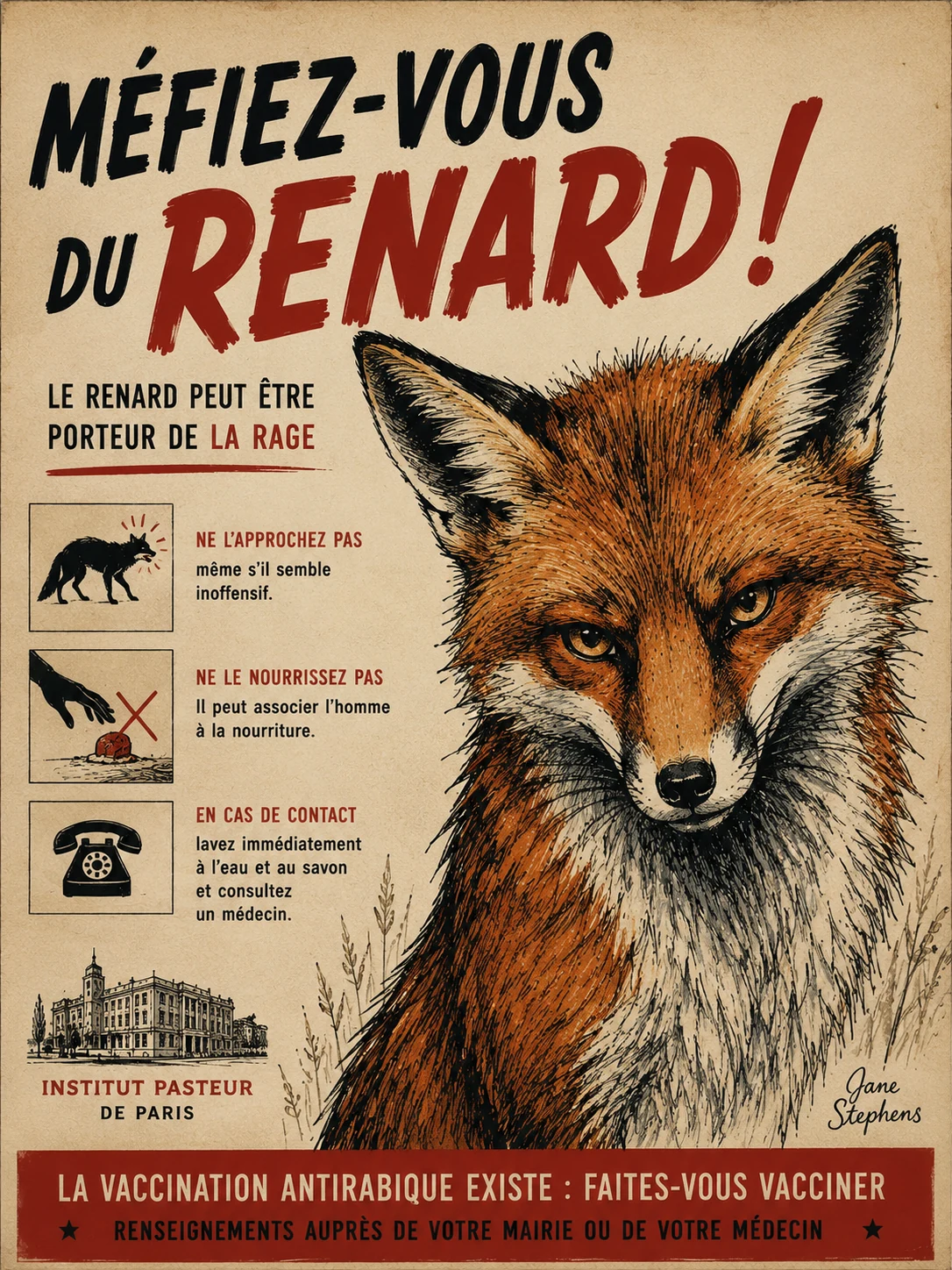 French rabies-awareness poster featuring a fox